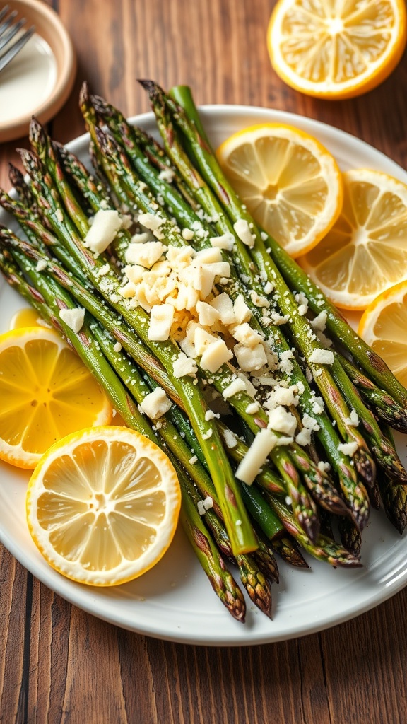 Roasted asparagus with Parmesan cheese on a rustic table.